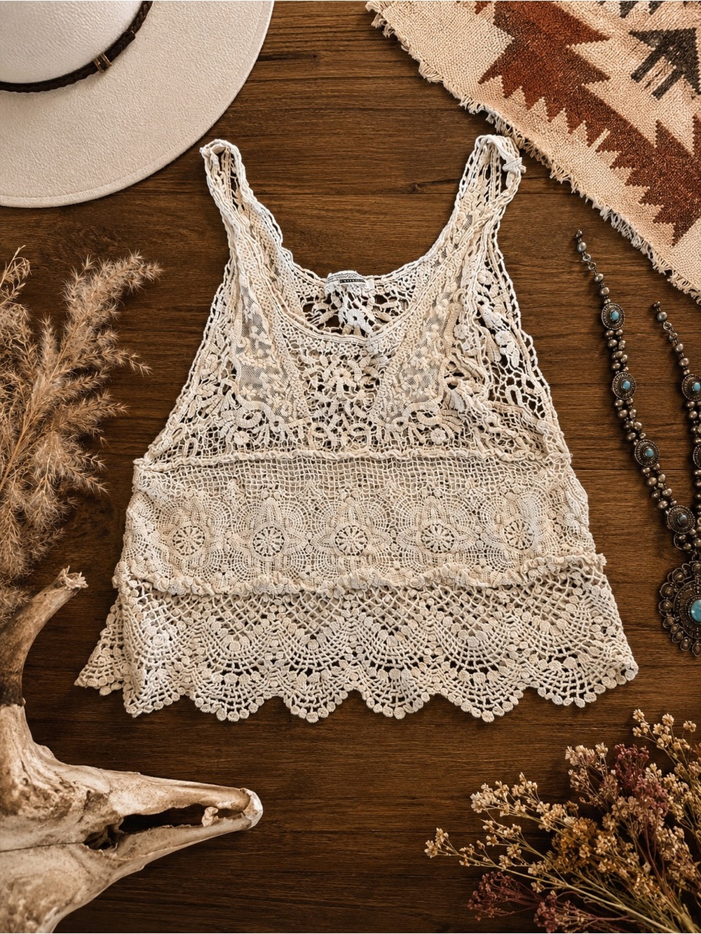 Runway Couture Cream Sleeveless Crochet Lace Tank Top Women’s Small Boho